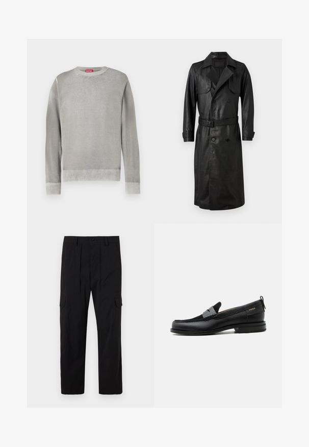 AllSaints NEO - Trench - black; Pull gris clair à col rond, manches longues, finitions côtelées aux poignets et à l'ourlet. Fabriqué en matériau doux au toucher lisse. Comprend une étiquette de marque visible.; Pantalons cargo noirs en tissu léger, avec une coupe droite, des pliures avant, des poches latérales et une fermeture à bouton.; Mocassin en cuir noir avec détail de bride grise, talon bas et semelle texturée, marqué "HUGO" en or sur le côté.