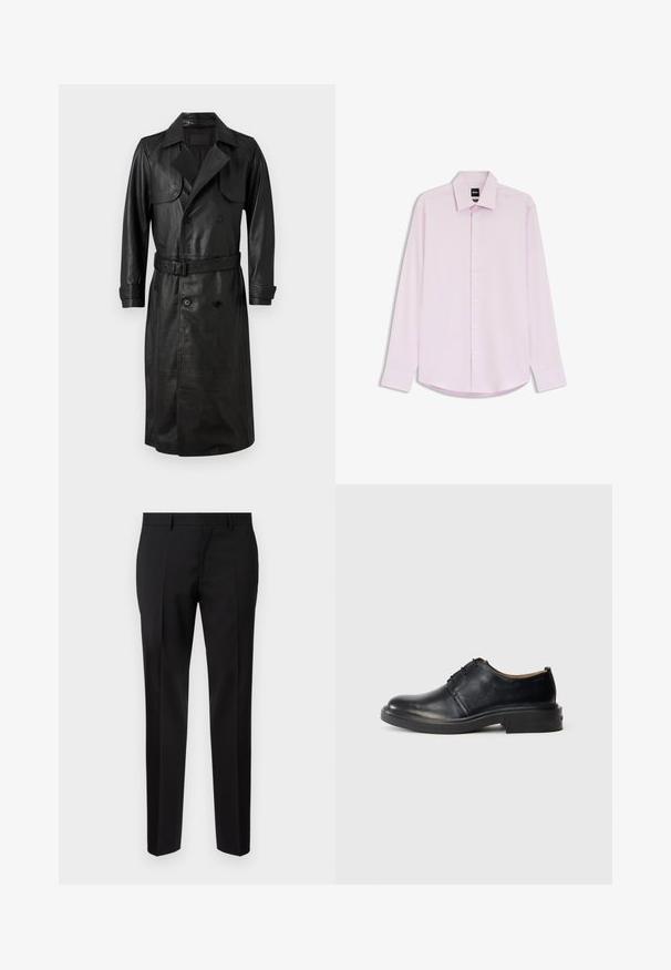 AllSaints NEO - Gabardina - black; Camisa de vestir de hombre de manga larga de color rosa claro con botones en la parte frontal y un cuello puntiagudo, mostrada sobre un fondo blanco.; Pantalones negros de corte ajustado, hechos de una tela suave, con pernera recta, detalles de pinzas refinadas y una cinturilla clásica con ojales para cinturón.; Zapato oxford de cuero negro con punta redonda, cordones en la parte frontal y tacón bajo y apilado sobre un fondo claro y liso.