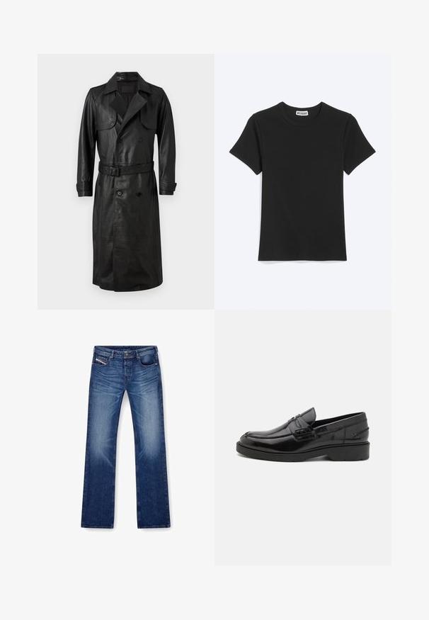 AllSaints NEO - Trenčkot - black; Jednoduché čierne tričko s krátkym rukávom a okrúhlym výstrihom s označením značky Weekday vo vnútri goliera, zobrazené na bielom pozadí.; Modré denimové rifle so strihom s rovnými nohavicami, piatimi vreckami a tónovým prešívaním. Tkanina má hladkú textúru s miernym opotrebovaním.; Čierne kožené mokasíny s hladkým povrchom, zaoblenou špičkou, nízkym podpätkom a dekoratívnym prešívaním na prednej strane. Gumová podrážka pre lepšiu priľnavosť.