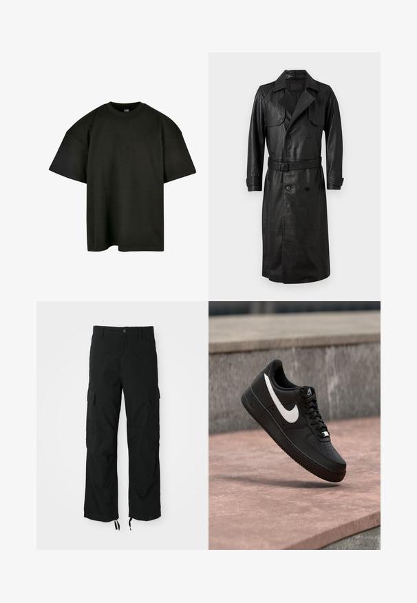 AllSaints NEO - Gabardina - black; Camiseta negra de corte oversized en suave algodón. Presenta un cuello redondo y mangas cortas, con una textura suave y un diseño minimalista.; Pantalones cargo negros hechos de tela durable, con dos bolsillos laterales, cierre de botón y dobladillos ajustables para un ajuste suelto y relajado.; Zapatilla Nike Air Force 1 negra con el logo de la marca en blanco, flotando sobre una superficie de piedra y un fondo de pared gris texturizada.