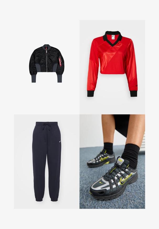 Cazadora bomber negra recortada con tejido acolchado, cierre de cremallera, puños de canalé y un bolsillo lateral con detalle de etiqueta roja.; Top deportivo corto rojo con cuello negro, mangas largas, con un patrón texturizado y el logo de Nike en la manga. Tejido suave y brillante.; Pantalones de chándal Nike en azul marino, hechos de un material suave. Cuenta con una cintura elástica con cordón y tobillos ajustados. Pequeño acento con el logo blanco.; Zapatillas deportivas en negro y gris con acentos reflectantes plateados, paneles de malla texturizada y detalles en amarillo brillante. Diseño con cordones y suela estructurada.