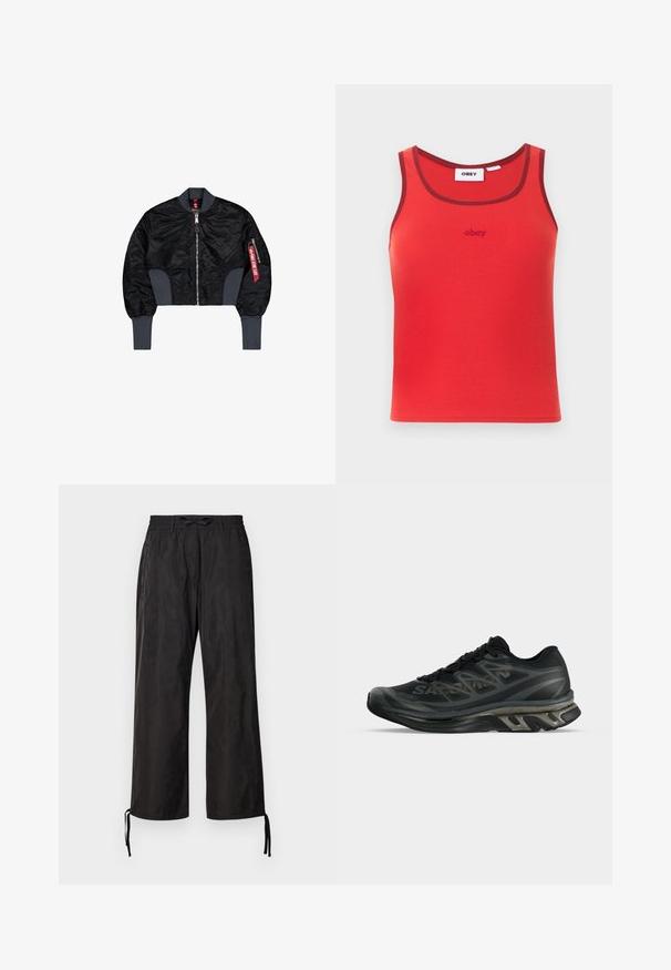 Kort sort bomberjakke med quiltet stof, lynlås-lukning, ribbede manchetter og en sidelomme med et rødt mærke.; Rød ærmeløs ribbet tank top med mørkerød kant og lille "obey" logo broderet centreret under halsudskæringen.; Sorte, løstsiddende bukser med elastisk talje og justerbare snøringer ved anklerne. Glat stof med en subtil glans.; Sort atletisk sko med åndbart mesh, snørebånd foran, polstret sål og geometriske side mønstre, vist i venstre sideprofil på hvid baggrund.