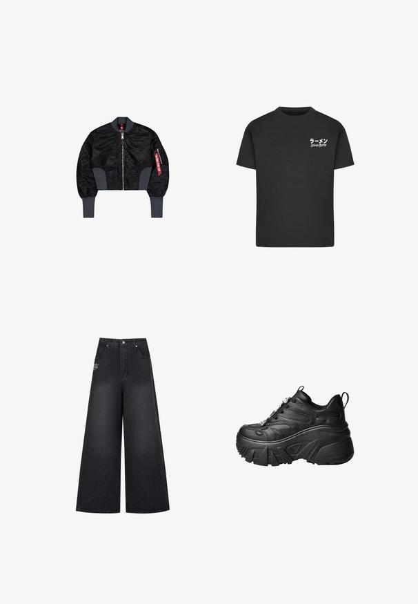 Kort sort bomberjakke med quiltet stof, lynlås-lukning, ribbede manchetter og en sidelomme med et rødt mærke.; Sort bomulds T-shirt med rund hals. Har hvid tekst, inklusive japanske tegn og "Slurp Away," på venstre brystområde.; Bredde sorte denimbukser med høj talje, der har diskrete syninger og et lille logo på den forreste venstre lomme.; Sorte plateau sneakers med en buet form, tekstureret læder, tyk gummisål og dekorativ hardware på snørerne.