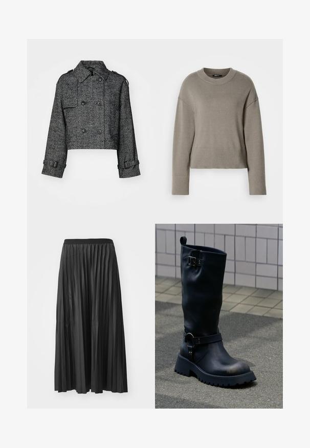 Afkortet dobbeltradet jakke i sort og grå herringbone-mønster, med store knapper, sidelommer og justerbare manchetter.; Lys grå cropped sweater med rund halsudskæring, dropskuldere og ribbede manchetter og kant. Blød tekstur, enkelt design.; Sort plisseret maxiskørt med en glat tekstur og elastisk talje, der har lodrette folder som skaber volumen og bevægelse.; Sort midt-læg læderstøvle med chunky sål, metal spænde nær toppen og rem med ringdetalje over anklen, på en belagt overflade.