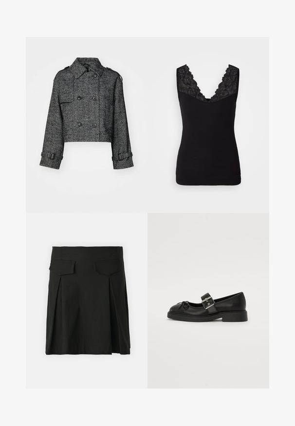 Afkortet dobbeltradet jakke i sort og grå herringbone-mønster, med store knapper, sidelommer og justerbare manchetter.; Sort tanktop med blondekant langs V-halsen. Blødt stof med tætsiddende pasform, uden ærmer og sømløs kant.; Sort nederdel med lige snit, frontfolder, baglommer og en glat tekstur. Taljebåndet er struktureret for pasform.; Sort læder Mary Jane-sko med rund tå, ankelrem og sølv spænde detalje. Har en flad, chunky sål og en sløjfe akcent.