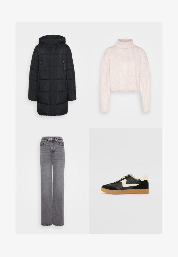Lang sort polstret vinterjakke med hætte, lynlåslommer på siden og kviltet vandret søm på hvid baggrund.; Lys rosa ribbet turtleneck sweater, cropped længde, med lange ærmer og en blød tekstur. Minimalistisk design uden synligt hardware.; Grå højtaljede jeans med lige ben, knap- og lynlåslukning, fem lommer og en tekstureret denimfinish.; Sorte ruskinds- og lædersneakers med en cremefarvet side-swoosh og lys cremefarvet hæl. Har beige snørebånd og en gummirubber-sål.