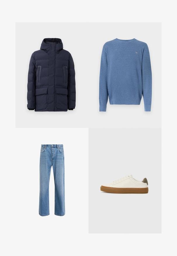 Marineblå pufferjakke med høj krave, justerbar hætte, to forlommer og kontrastpanelaccentuer på brystet.; Blå strikket langærmet sweater med rund hals, vaffeltekstur og lille broderet logo på venstre bryst.; Lyseblå denim jeans med lige ben-design, fem lommer, knaplukning, minimal falming og kontraststingdetaljer.; Hvide lædersneakers med rund tå, gummisål og olivengrøn hælaccent. Har snørelukning og minimal syning.