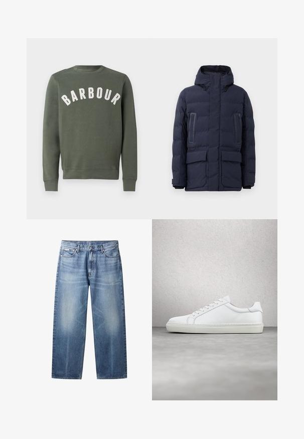 Tume sinine puhvrjakker, millel on kõrge kaelus, reguleeritav kapuuts, kaks esikotti ja kontrastse paneeli aksendid rinnal.; Barbour PREP LOGO CREW NECK - Pusa - thyme; Hele sinised sirgete säärtega teksad, pleekinud aladega, viis taskut, nööpide sulgemine ja Calvin Klein silt paremal eesmisel taskul.; Valge tennisetoss, millel on sile nahk pealis ja madal profiil. Omab ümarat ninaosa, kuut silmust ja tekstuuriga kummist talda.