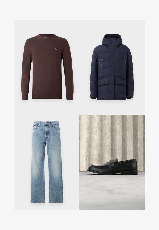 Chaqueta de plumas azul marino con cuello alto, capucha ajustable, dos bolsillos frontales y paneles contrastantes en el pecho.; Suéter marrón hecho de tela de punto suave, con cuello redondo y mangas largas. Acento bordado de un pájaro amarillo en el pecho.; Vaqueros de mezclilla azul claro de corte recto con cintura alta, cinco bolsillos, cierre de botón y sutil desgaste en los muslos y las rodillas.; Mocasín de cuero negro con una placa metálica de marca apoyado cerca de una mesa redonda marrón sobre un suelo alfombrado beige.