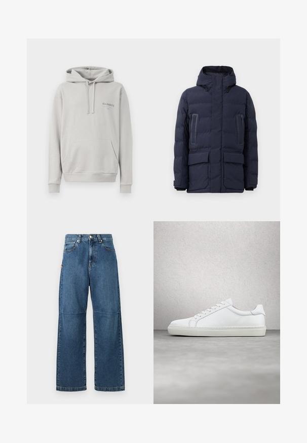 Navy pufferjack met een hoge kraag, verstelbare capuchon, twee voorzakken en contrasterende paneelaccenten op de borst.; Lichtgrijze hoodie gemaakt van zachte stof, met een buidelzak, een capuchon met trekkoord en een subtiele "ALLSAINTS" logo op de borst.; Blauwe denim jeans met een relaxte pasvorm, rechte pijpen, zichtbare stiksels en een sluiting met een voorste knop. Heeft een zijzak met een accent.; Witte sneaker met een gladlederen bovenwerk en een laag profiel. Voorzien van een ronde neus, zes vetergaatjes en een gestructureerde rubberen zool.