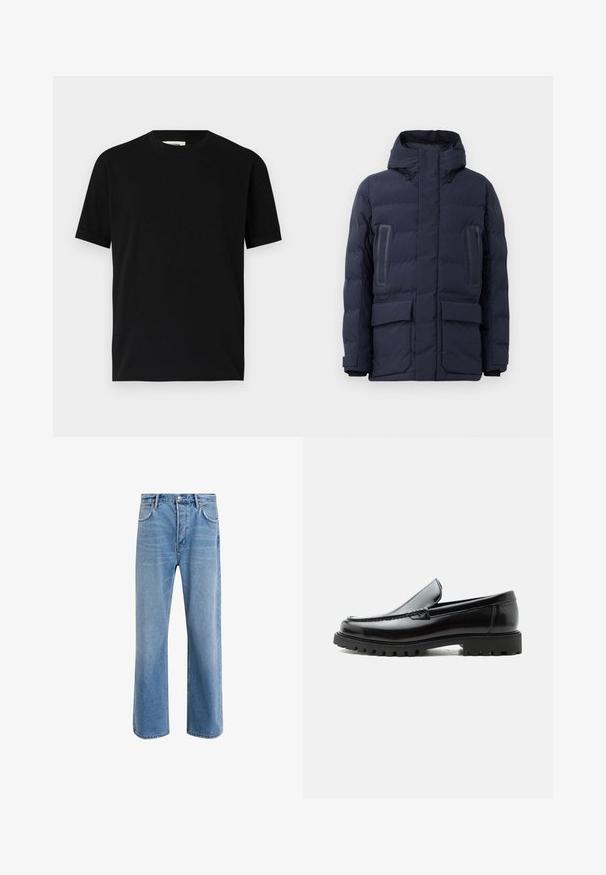 Doudoune marine avec un col montant, capuche réglable, deux poches à l'avant et des accents de panneaux contrastants sur la poitrine.; T-shirt noir à manches courtes en coton avec un col rond et une coupe ample. Texture lisse, sans motifs ni logos visibles.; Jeans en denim bleu clair avec une coupe droite, cinq poches, fermeture à bouton, peu d'usure et des détails de couture contrastés.; Mocassin en cuir noir avec semelle en caoutchouc épaisse, dessus cousu et nom de marque embossé sur le talon, présenté de profil sur fond blanc.