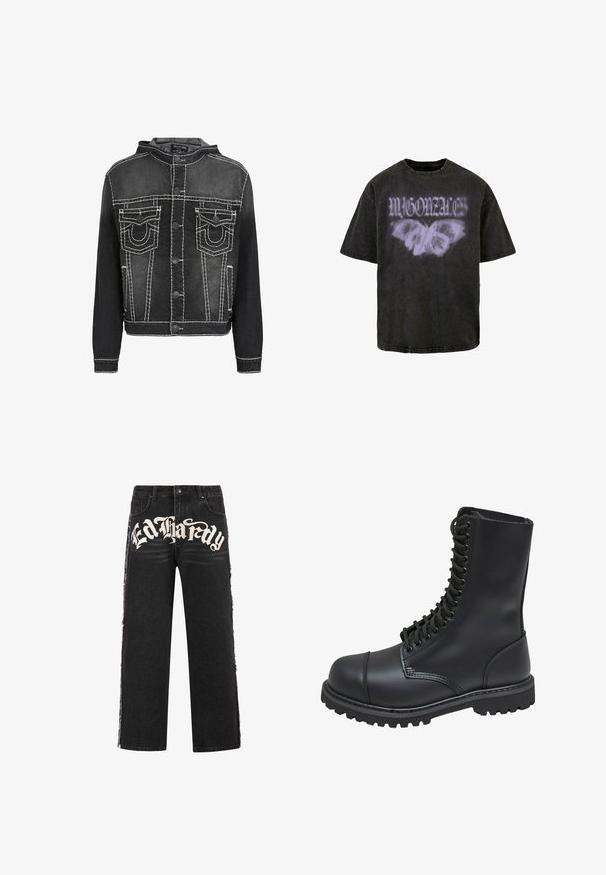 Zwarte spijkerjas met witte contrasterende stiksels, knoopsluiting aan de voorkant, borstzakken met klep en capuchon, van het merk True Religion.; Zwarte graphic t-shirt van gewassen katoen, met een groot paars vlinderontwerp en gestileerde tekst, ronde halslijn en korte mouwen.; Zwarte denim wijde jeans met gescheurde randen en opvallende witte "Ed Hardy" tekst aan de voorkant. Voorzien van een standaard knoopsluiting.; Zwarte leren gevechtslaars met een hoge schacht, vetersluiting aan de voorkant, gewatteerde kraag en een stevige, gestructureerde zool voor grip. Bevat een versterkte neus.