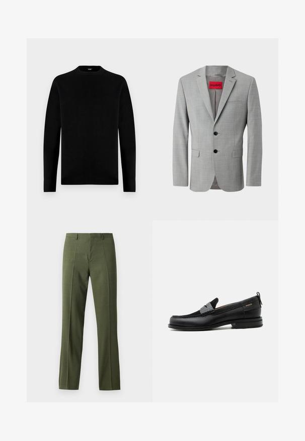 Blazer gris de tejido texturizado, con dos botones negros, un bolsillo en el pecho y una etiqueta interior roja con "HUGO".; Sudadera negra de manga larga con cuello redondo, de diseño sencillo y sólido, con una pequeña etiqueta de la marca en el interior del cuello.; Pantalones ajustados de color verde oliva con una textura suave, corte recto y pliegue frontal, diseñados para ocasiones formales o semi-formales.; Mocasín de cuero negro con detalle de tira gris, tacón bajo y suela texturizada, con la marca "HUGO" en oro en el lateral.