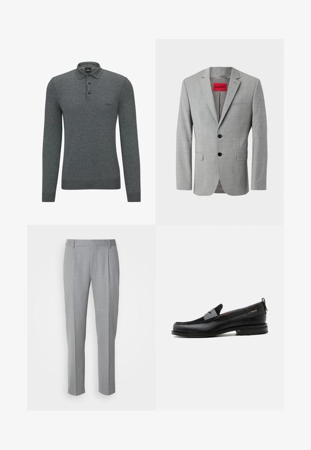 Grå blazer lavet af struktureret stof, med to sorte knapper, en enkelt brystlomme og en rød indvendig label med "HUGO."; Grå langærmet polo skjorte lavet af blød, struktureret stof med krave, tre-knaps placket og diskret logo på brystet.; Grå skræddersyede bukser med en glat tekstur, som har en flad front, lige ben og diskrete folder for ekstra detalje.; Sort læderloafer med grå remdetalje, lav hæl og tekstureret sål, mærket med "HUGO" i guld på siden.