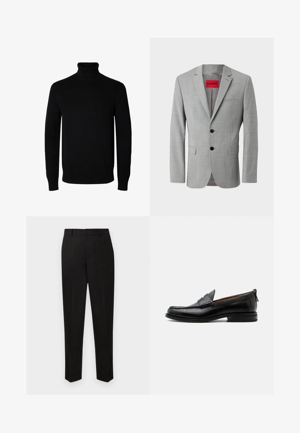 Grå blazer lavet af struktureret stof, med to sorte knapper, en enkelt brystlomme og en rød indvendig label med "HUGO."; Sort langærmet rullekrave sweater med rib manchetter og kant, vist på en ensartet hvid baggrund.; Sorte skræddersyede bukser med et straight-leg design, der har lukning med knap og subtil tekstur. Ingen synlige mønstre eller accenter.; Sort læder herre loafer med moc-tå syning, penny strop, struktureret krave og lav stablet hæl på hvid baggrund.