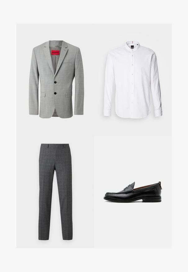 Grå blazer lavet af struktureret stof, med to sorte knapper, en enkelt brystlomme og en rød indvendig label med "HUGO."; Hvid langærmet skjorte med bandkrave, knaplukning fortil og rund kant. Lavet af bomuld, med en glat struktur og subtil glans.; Gråternet bukser med en skræddersyet pasform, der har en glat tekstur, lige ben og subtile sydetaljer.; Sort læder herre loafer med moc-tå syning, penny strop, struktureret krave og lav stablet hæl på hvid baggrund.