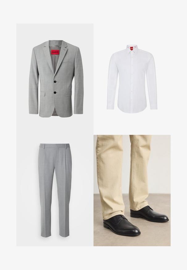 Grau blazer aus strukturiertem Material, mit zwei schwarzen Knöpfen, einer einzelnen Brusttasche und einem roten Innenetikett mit "HUGO."; Weißes Langarmhemd mit Kragen, ausgestattet mit einer durchgehenden Knopfleiste und weichem, glattem Stoff. Keine Muster oder Akzente sichtbar.; Grau zugeschnittene Hosen mit glatter Textur, flachem Frontbereich, geraden Beinen und dezenten Falten für zusätzliche Details.; Schwarze Leder Schnürschuhe mit runder Zehenform, glatter Oberfläche und dezenten Nähdetails, getragen mit hellbeigen Hosen.