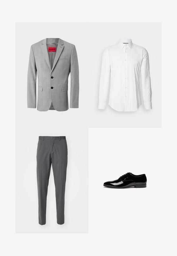 Blazer gris de tejido texturizado, con dos botones negros, un bolsillo en el pecho y una etiqueta interior roja con "HUGO".; Camisa blanca de manga larga hecha de tejido suave, con un cuello clásico y diseño de botones en la parte delantera, con un dobladillo curved. Los botones tienen un acabado ligeramente brillante.; Pantalones grises hechos de una tela suave, con cierre de botón, bolsillos delanteros y un diseño ajustado.; Zapato de vestir de charol negro con un diseño elegante, punta redonda y tacón bajo. Cuenta con un cierre de cordones y una superficie lisa.
