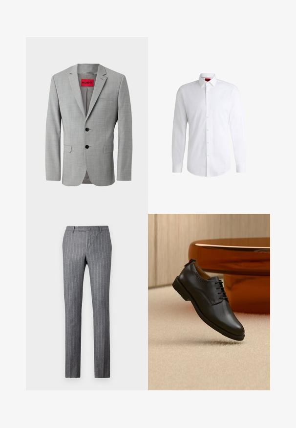 Blazer gris de tejido texturizado, con dos botones negros, un bolsillo en el pecho y una etiqueta interior roja con "HUGO".; Camisa blanca de botones, confeccionada en tela suave, con collar clásico, mangas largas y dobladillo curvado. Presenta botones beige en la parte delantera.; Pantalones a rayas gris claro hechos de una tela texturizada, que presentan un diseño clásico, un corte recto y dos bolsillos frontales.; Zapato de vestir de cuero negro con cordones, posicionado flotando sobre una alfombra beige claro, mesa redonda naranja al fondo.