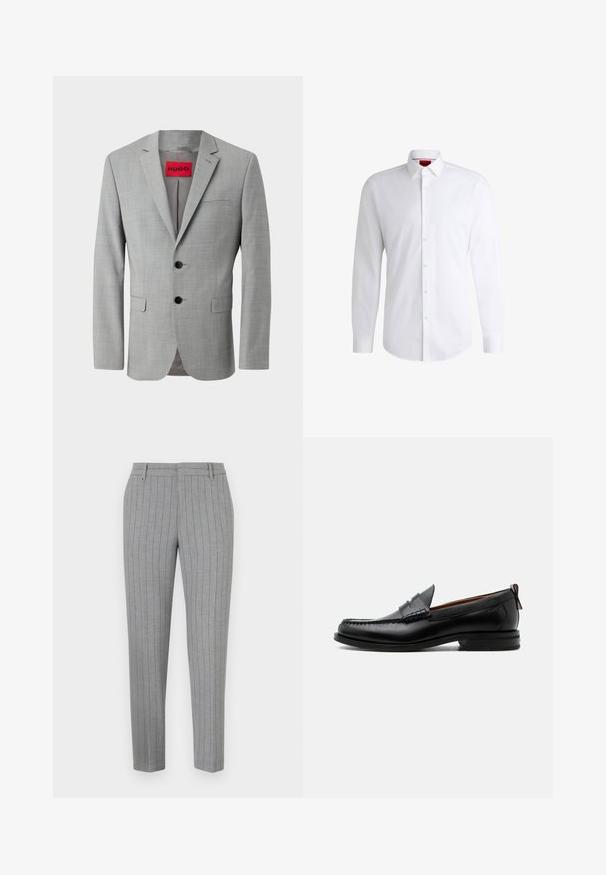 Blazer gris de tejido texturizado, con dos botones negros, un bolsillo en el pecho y una etiqueta interior roja con "HUGO".; Camisa blanca de botones, confeccionada en tela suave, con collar clásico, mangas largas y dobladillo curvado. Presenta botones beige en la parte delantera.; Pantalones a rayas grises con un ajuste entallado, frente plano y bolsillos laterales. Fabricados con una tela suave y un brillo sutil.; Mocasín de hombre de piel negra con costura moc toe, tira penny, cuello texturizado y tacón bajo apilado sobre fondo blanco.