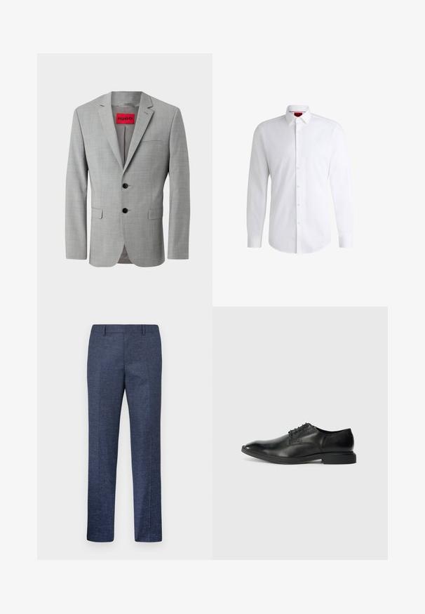 Grijze blazer van textiel met structuur, voorzien van twee zwarte knopen, een enkele borstzak en een rode binnenlabel met "HUGO."; Witte overhemden van soepel materiaal met een klassieke kraag, lange mouwen en een afgeronde zoom. Voorzien van beige knopen aan de voorkant.; Heren rechte marineblauwe formele broek met riemlussen, voorplooi en een subtiel gestructureerd stofpatroon.; Zwarte leren dress shoe met een gladde textuur, spitse neus, zes veterogen vetersluiting en een lage rechthoekige hak. Subtiele merkopdruk aan de zijkant.