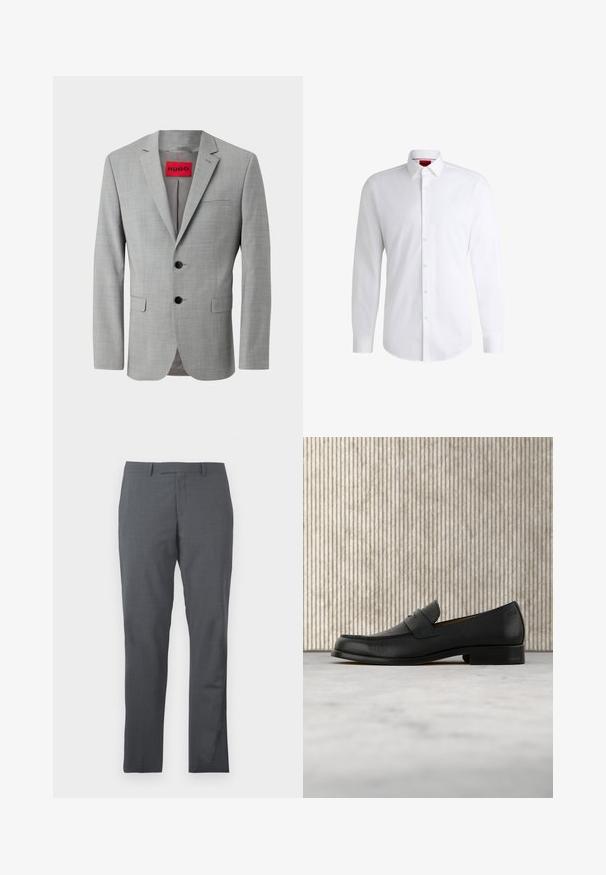 Blazer gris de tejido texturizado, con dos botones negros, un bolsillo en el pecho y una etiqueta interior roja con "HUGO".; Camisa blanca de botones, confeccionada en tela suave, con collar clásico, mangas largas y dobladillo curvado. Presenta botones beige en la parte delantera.; Pantalones de vestir grises con una tela suave y texturizada. Diseño slim fit, con delantero liso y sin adornos ni bolsillos visibles.; Zapato mocasín de cuero negro flotando sobre una alfombra beige con una mesa redonda marrón brillante al fondo.