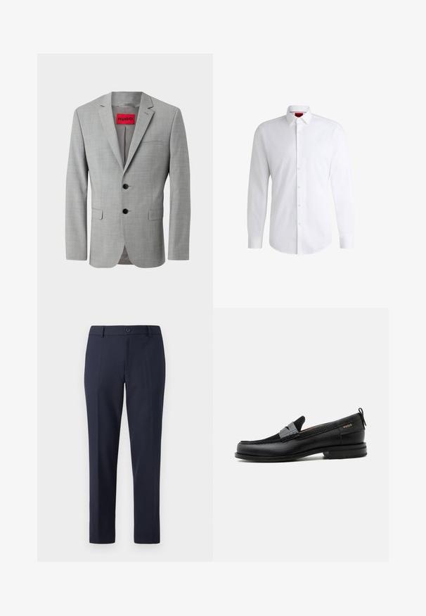 Grijze blazer van textiel met structuur, voorzien van twee zwarte knopen, een enkele borstzak en een rode binnenlabel met "HUGO."; Witte overhemden van soepel materiaal met een klassieke kraag, lange mouwen en een afgeronde zoom. Voorzien van beige knopen aan de voorkant.; Marineblauwe broek van gladde stof, met een rechte snit, riemlussen en een enkele knoopsluiting in de taille.; Zwarte leren loafer met grijs riemdetailelement, lage hak en gestructureerde zool, aan de zijkant gebrandmerkt met "HUGO" in goud.