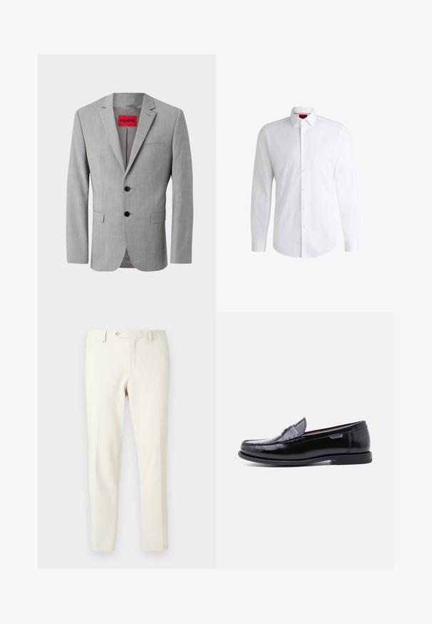 Blazer gris de tejido texturizado, con dos botones negros, un bolsillo en el pecho y una etiqueta interior roja con "HUGO".; Camisa blanca de botones, confeccionada en tela suave, con collar clásico, mangas largas y dobladillo curvado. Presenta botones beige en la parte delantera.; Pantalones beige claro fabricados con una tela suave. Presentan una cremallera frontal, cierre de botón y bolsillos laterales en ángulo con un diseño de corte ajustado.; Mocasines de cuero negro con acabado brillante, que presentan un diseño cosido en la puntera y una suela baja de goma negra texturizada.