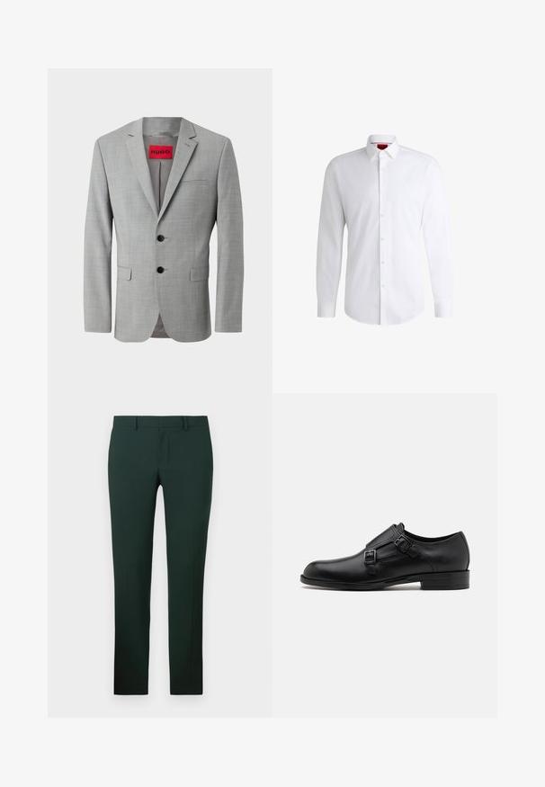 Grijze blazer van textiel met structuur, voorzien van twee zwarte knopen, een enkele borstzak en een rode binnenlabel met "HUGO."; Witte overhemden van soepel materiaal met een klassieke kraag, lange mouwen en een afgeronde zoom. Voorzien van beige knopen aan de voorkant.; Donkergroene broek met een rechte pijpdesign, gemaakt van een gladde stof. Bevat een platte voorkant en een standaard tailleband met ceintuurlussen.; Zwarte leren dresschoen met dubbele gespen, slank silhouet en ronde neus. Kenmerkt zich door een lage hak en een gladde textuur.
