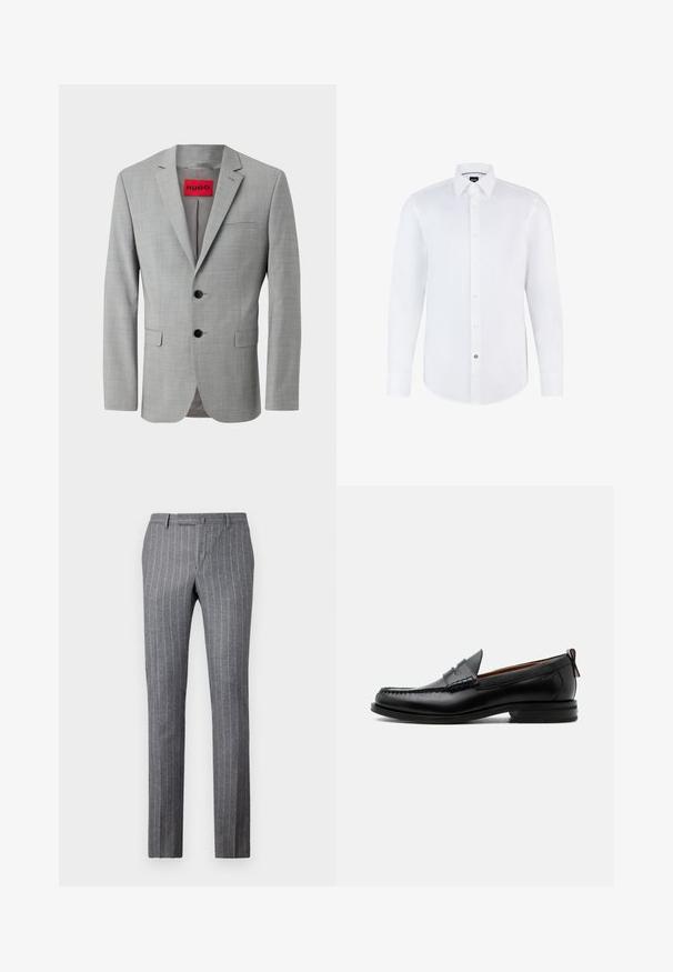Grijze blazer van textiel met structuur, voorzien van twee zwarte knopen, een enkele borstzak en een rode binnenlabel met "HUGO."; Witte lange mouwen overhemd gemaakt van gladde stof met een knoopsluiting aan de voorkant, puntige kraag en gebogen zoom. Opvallende merkknopaccenten.; Grijze pinstriped broek gemaakt van textuurstof, met een klassiek ontwerp, rechte pasvorm en twee voorke pockets.; Zwarte leren herensloffen met moc toe stiksel, pennyriem, gestructureerde kraag en lage gestapelde hak op witte achtergrond.