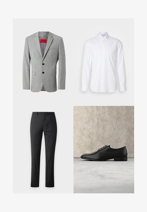 Blazer gris en tissu texturé, avec deux boutons noirs, une poche poitrine simple et une étiquette intérieure rouge avec "HUGO."; Chemise blanche à manches longues en coton, avec un col boutonné, des boutons sur le devant et un ourlet légèrement arrondi. Texture lisse et unie.; Pantalons gris foncé sur mesure avec une texture lisse, coupe slim, devant plat et taille standard. Présente des plis marqués et sans motifs visibles.; Chaussure habillée en cuir noir au design épuré, à bout arrondi, avec cinq œillets pour les lacets et un petit talon rehaussé. Détail du logo embossé subtil.