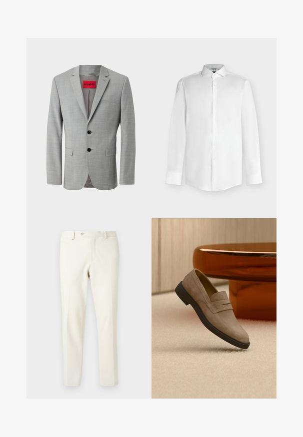 Grijze blazer van textiel met structuur, voorzien van twee zwarte knopen, een enkele borstzak en een rode binnenlabel met "HUGO."; Wit overhemd met lange mouwen, puntige kraag en knopen aan de voorkant op een lichtgrijze achtergrond.; Lichtbeige broek gemaakt van gladde stof. Heeft een ritssluiting aan de voorkant, knoopsluiting en schuine zijzakken met een slim fit ontwerp.; Beige suède loafer met zwarte zool zwevend boven licht tapijt, naast een glanzende bruine ovale salontafel in een moderne kamer.