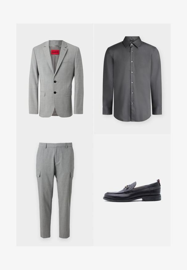 Blazer gris en tissu texturé, avec deux boutons noirs, une poche poitrine simple et une étiquette intérieure rouge avec "HUGO."; Chemise habillée pour homme à manches longues gris foncé avec col pointu et boutons à l'avant, affichée sur un fond gris clair.; Pantalons cargo gris en tissu texturé, dotés de poches latérales, d'une coupe droite et d'une taille mi-haute. Coutures soignées et sans motifs visibles.; Mocassin en cuir noir avec empeigne texturée grise, détail boucle en métal argenté, petit talon et languette à l'arrière.