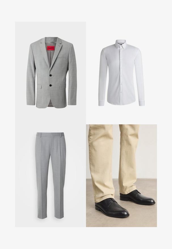 Grau blazer aus strukturiertem Material, mit zwei schwarzen Knöpfen, einer einzelnen Brusttasche und einem roten Innenetikett mit "HUGO."; Langärmliges weißes Hemd aus glattem Stoff, mit einem Kentkragen und einer Reihe von Knöpfen auf der Vorderseite. Schlichtes Design.; Grau zugeschnittene Hosen mit glatter Textur, flachem Frontbereich, geraden Beinen und dezenten Falten für zusätzliche Details.; Schwarze Leder Schnürschuhe mit runder Zehenform, glatter Oberfläche und dezenten Nähdetails, getragen mit hellbeigen Hosen.
