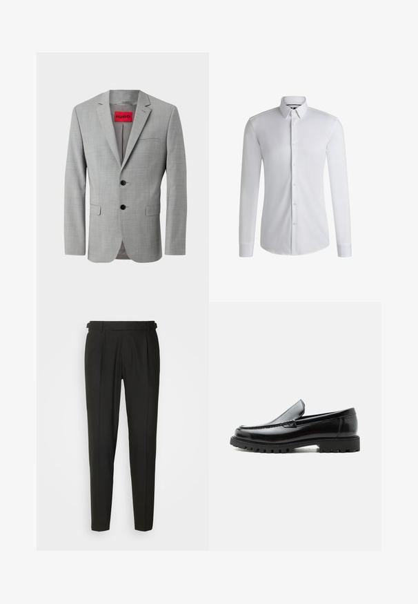 Grau blazer aus strukturiertem Material, mit zwei schwarzen Knöpfen, einer einzelnen Brusttasche und einem roten Innenetikett mit "HUGO."; Langärmliges weißes Hemd aus glattem Stoff, mit einem Kentkragen und einer Reihe von Knöpfen auf der Vorderseite. Schlichtes Design.; Schwarze maßgeschneiderte Hose mit flacher Vorderseite, zwei Falten, Gürtelschlaufen und geradem Bein. Hergestellt aus glattem, leichtem Stoff.; Schwarzer Lederloafer mit grober Gummisohle, genähter Oberseite und geprägtem Markennamen an der Ferse, seitlich auf weißem Hintergrund gezeigt.