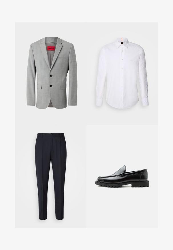 Grå blazer lavet af struktureret stof, med to sorte knapper, en enkelt brystlomme og en rød indvendig label med "HUGO."; Hvid langærmet skjorte med knaplukning lavet af bomuld, med en klassisk krave, subtilt logo nær brystet og hvide knapper.; BOSS PERIN - Bukser - navy; Sort læderloafer med chunky gummisål, syet overdel og præget mærkenavn på hælen, vist i sideprofil på hvid baggrund.