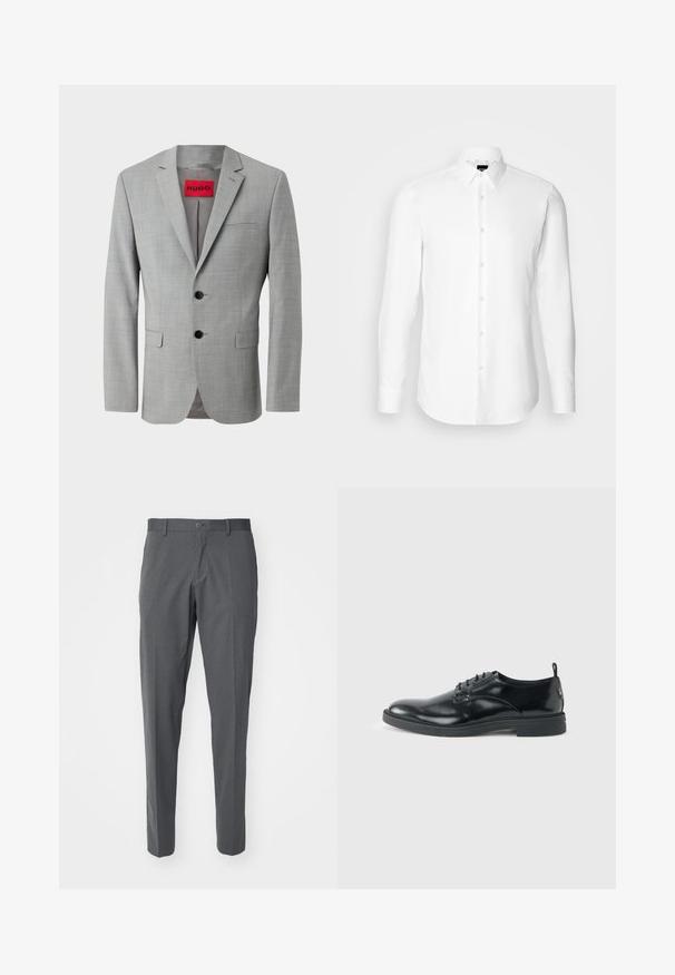 Grijze blazer van textiel met structuur, voorzien van twee zwarte knopen, een enkele borstzak en een rode binnenlabel met "HUGO."; Witte blouse met lange mouwen, knoopsluiting aan de voorkant, klassieke kraag, gemaakt van gladde stof met een subtiele textuur, ontworpen voor een aansluitende pasvorm.; Grijze broek van een gladde stof, met een knoopsluiting, steekzakken en een slim fit ontwerp.; Glanzende zwarte lederen nette schoen met lage hak, vetersluiting en ronde neus, van opzij getoond tegen een effen lichte achtergrond.