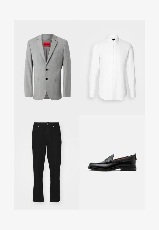 Grau blazer aus strukturiertem Material, mit zwei schwarzen Knöpfen, einer einzelnen Brusttasche und einem roten Innenetikett mit "HUGO."; Weißes Langarmhemd, vorne mit Knöpfen, klassischer Kragen, aus glattem Stoff mit feiner Textur, für eine figurnahe Passform entworfen.; Schwarze Denim-Jeans mit geradem Schnitt, ausgestattet mit einem Fünf-Taschen-Design, silbernem Zubehör und leichter Textur. Keine sichtbaren Muster.; Schwarzer Leder-Herrenschuh mit Mokassinnaht, Penny-Riemen, strukturiertem Kragen und niedrigem gestapeltem Absatz auf weißem Hintergrund.