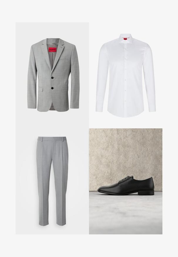 Grau blazer aus strukturiertem Material, mit zwei schwarzen Knöpfen, einer einzelnen Brusttasche und einem roten Innenetikett mit "HUGO."; Weißes langärmliges Hemd mit Knopfleiste, hergestellt aus glattem Baumwollstoff. Verfügt über einen klassischen Kragen, eine durchgehende Knopfleiste und einen abgerundeten Saum.; Grau zugeschnittene Hosen mit glatter Textur, flachem Frontbereich, geraden Beinen und dezenten Falten für zusätzliche Details.; Schwarze Leder-Halbschuh mit schlankem Design, runder Zehenform, fünf Ösen für die Schnürsenkel und einem kleinen, erhöhten Absatz. Dezentes, geprägtes Logodetail.