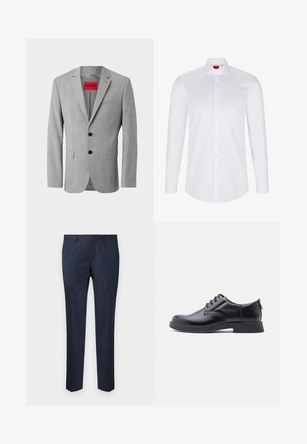 Grijze blazer van textiel met structuur, voorzien van twee zwarte knopen, een enkele borstzak en een rode binnenlabel met "HUGO."; Witte lange mouwen knoopsluiting shirt gemaakt van soepel katoen. Beschikt over een klassieke kraag, volledige knoopsluiting en afgeronde zoom.; Marineblauwe op maat gemaakte broek, gemaakt van een gladde stof. Kenmerkt zich door een recht model met een platte voorkant en zijzakken.; Zwarte leren veter schoenen met een gladde textuur, ronde neus en subtiel stiksel detail. Voorzien van een rode trekband op de hiel.
