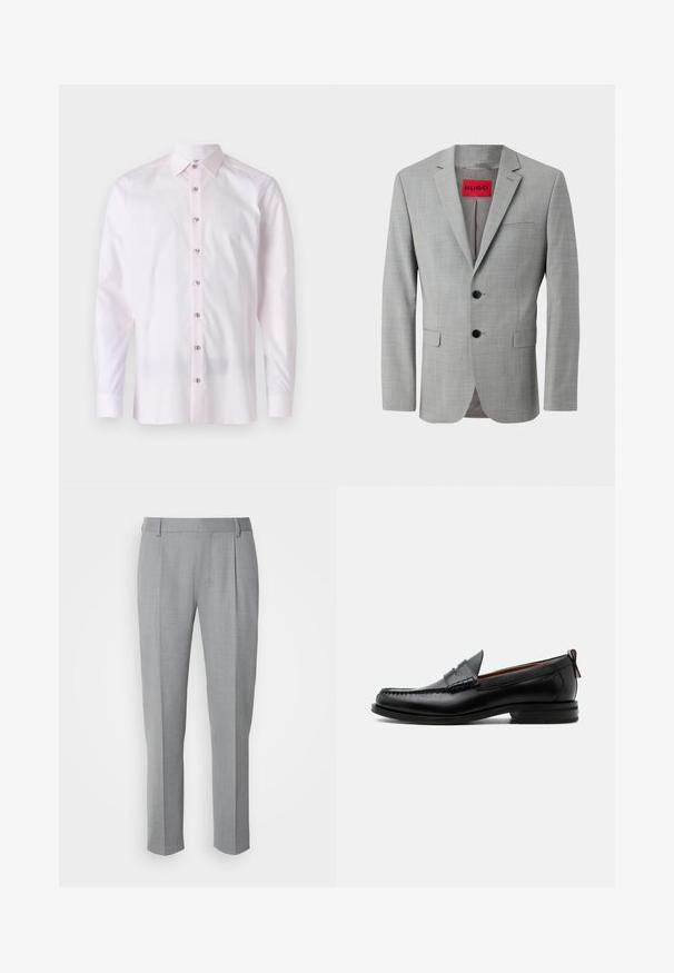 Blazer gris en tissu texturé, avec deux boutons noirs, une poche poitrine simple et une étiquette intérieure rouge avec "HUGO."; Chemise à manches longues rose clair en tissu lisse. Dotée d'un col pointu et d'une fermeture à boutons à l'avant avec des boutons contrastés.; Pantalons gris sur mesure avec une texture lisse, présentant un devant plat, des jambes droites et de légères pinces pour plus de détail.; Mocassin homme en cuir noir avec couture moc toe, bride penny, col texturé et petit talon empilé sur fond blanc.