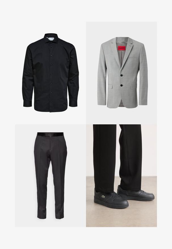 Grå blazer lavet af struktureret stof, med to sorte knapper, en enkelt brystlomme og en rød indvendig label med "HUGO."; Herre langærmet sort skjorte med knaplukning foran og klassisk krave, lavet af glat stof.; Sorte skræddersyede bukser med slim fit, flad front og diskret glans. Har en glat sort talje og kantdetaljer langs benene.; Sorte lavtop sneakers lavet af glat læder, med en tekstureret gummisål, snørebånd design og et lille grønt broderet logo.