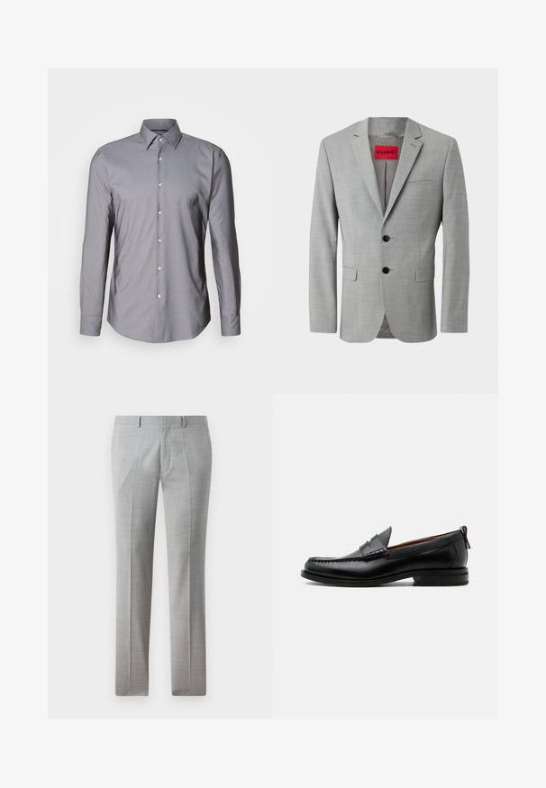 Grau blazer aus strukturiertem Material, mit zwei schwarzen Knöpfen, einer einzelnen Brusttasche und einem roten Innenetikett mit "HUGO."; Graues Langarm-Hemd mit Knopfleiste, strukturiertem Kragen, vorderer Knopfleiste und glatter Textur. Hat eine leicht taillierte Passform.; Graue maßgeschneiderte Hosen aus einem glatten Stoff, mit feinem Karomuster, geraden Beinen und Gürtelschlaufen. Keine Taschen sichtbar.; Schwarzer Leder-Herrenschuh mit Mokassinnaht, Penny-Riemen, strukturiertem Kragen und niedrigem gestapeltem Absatz auf weißem Hintergrund.