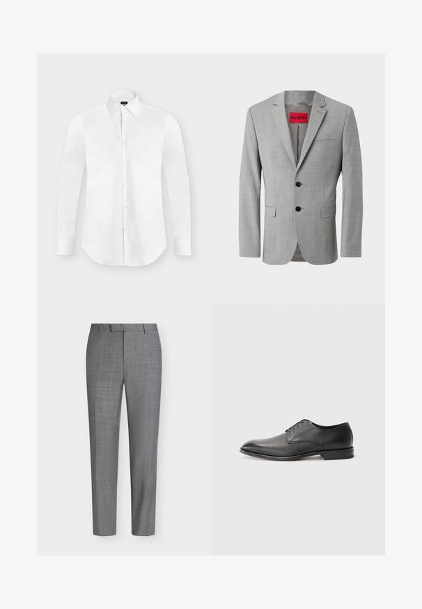 Grå blazer lavet af struktureret stof, med to sorte knapper, en enkelt brystlomme og en rød indvendig label med "HUGO."; Hvid langærmet skjorte med knapper og spidst krave, lagt fladt på en lysegrå baggrund.; Grå, slanke bukser med et subtilt ternet mønster, bæltestropper og en flad front på en ensfarvet hvid baggrund.; Sort læder herresko med snørebånd, lav hæl og glat, let struktureret overflade på hvid baggrund.