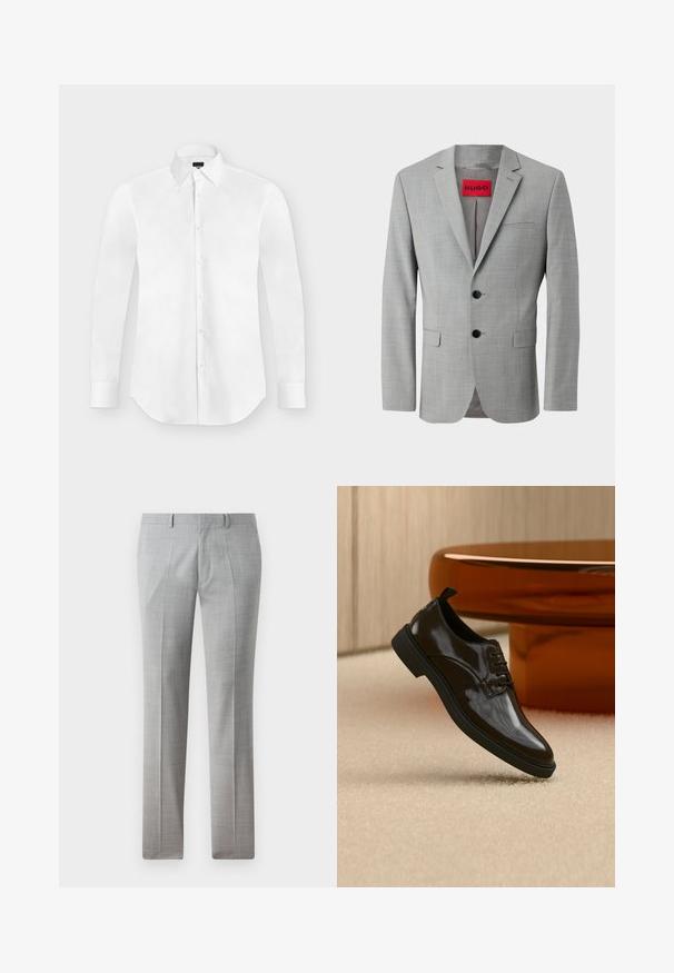 Blazer gris de tejido texturizado, con dos botones negros, un bolsillo en el pecho y una etiqueta interior roja con "HUGO".; Camisa blanca de vestir de manga larga con botones y cuello puntiagudo, colocada perfectamente plana sobre un fondo gris claro.; Pantalones gris ajustados hechos de una tela suave, con un fino patrón de cuadros, piernas rectas y lazos para cinturón. Sin bolsillos visibles.; Zapato de vestir negro brillante de cuero con cordones flotando sobre una alfombra beige con una mesa redonda marrón brillante al fondo.