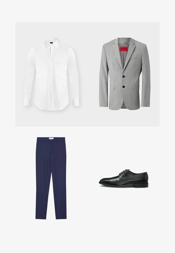 Blazer gris de tejido texturizado, con dos botones negros, un bolsillo en el pecho y una etiqueta interior roja con "HUGO".; Camisa blanca de vestir de manga larga con botones y cuello puntiagudo, colocada perfectamente plana sobre un fondo gris claro.; Pantalones de vestir de color navy, confeccionados en una tela suave, con un corte plano en la parte delantera, dos bolsillos laterales, cremallera y dobladillo limpio sin patrones ni acentos.; Zapato de vestir masculino de cuero negro con cordones y tacón ligero, con puntera y detalles perforados sutiles.