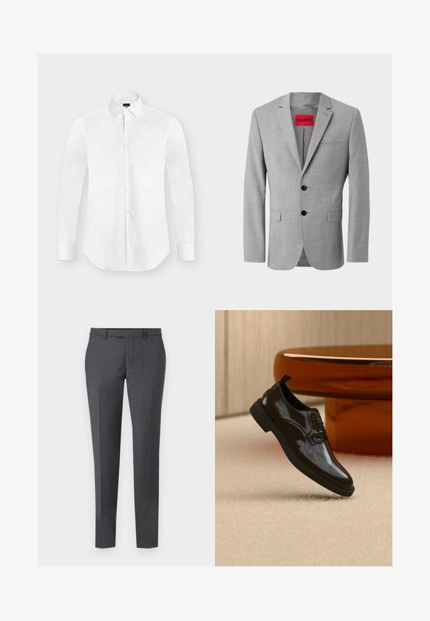 Blazer gris de tejido texturizado, con dos botones negros, un bolsillo en el pecho y una etiqueta interior roja con "HUGO".; Camisa blanca de vestir de manga larga con botones y cuello puntiagudo, colocada perfectamente plana sobre un fondo gris claro.; Pantalones gris ajustados con una textura suave, corte recto, frente plano y passantes para cinturón. Cuenta con un sutil patrón de cuadros y una línea de planchado en el frente.; Zapato de vestir negro brillante de cuero con cordones flotando sobre una alfombra beige con una mesa redonda marrón brillante al fondo.