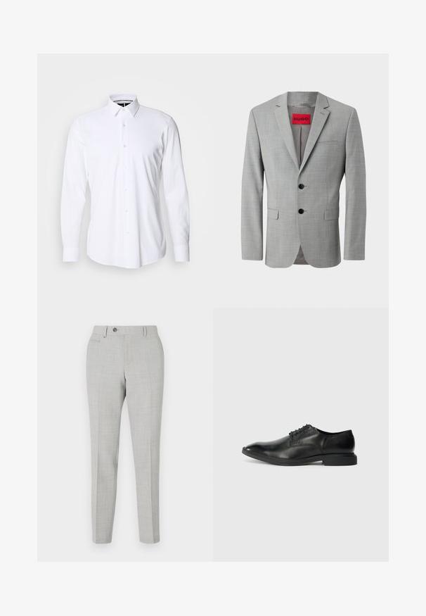 Grå blazer lavet af struktureret stof, med to sorte knapper, en enkelt brystlomme og en rød indvendig label med "HUGO."; Hvid langærmet skjorte med knapper lavet af glat stof, med spids krave og regulær pasform. Har en frontlås med seks knapper.; Grå skræddersyede bukser med et subtilt ternet mønster, lavet af letvægtsstof. Har knaplukning og sidelommer. Slim fit silhuet.; Sort læder herresko med glat overflade, spids tå, seks snørrehuller og lav, rektangulær hæl. Diskret brandingdetalje på siden.