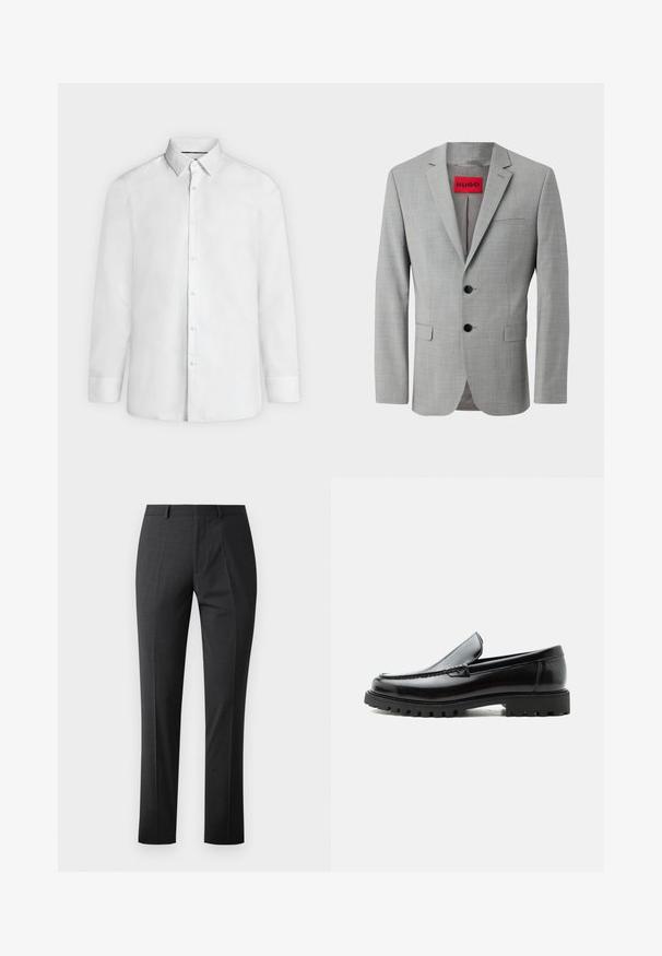 Blazer gris de tejido texturizado, con dos botones negros, un bolsillo en el pecho y una etiqueta interior roja con "HUGO".; Camisa blanca de vestir de manga larga con cuello abierto y puños abotonados, mostrada de frente sobre un fondo liso gris claro.; Pantalones oscuros grises a medida con una textura suave, corte ajustado, frente plano y cinturilla estándar. Presentan pliegues marcados y sin patrones visibles.; Mocasín de cuero negro con suela de goma gruesa, empeine cosido y nombre de la marca en relieve en el talón, mostrado en perfil lateral sobre fondo blanco.