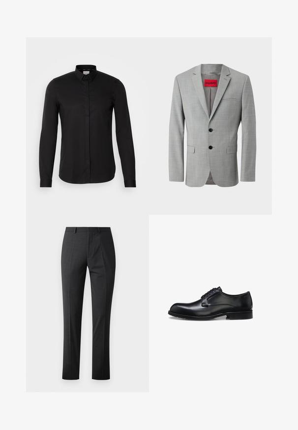 Grau blazer aus strukturiertem Material, mit zwei schwarzen Knöpfen, einer einzelnen Brusttasche und einem roten Innenetikett mit "HUGO."; Schwarzes Langarmshirt aus glattem Material, mit Button-Down-Kragen, Frontleiste und dezentem Logo-Detail auf der Brust.; Maßgeschneiderte dunkelgraue Hose mit glatter Textur, schlankem Schnitt, flachem Frontdesign und normalem Bund. Verfügt über gepresste Falten und keine sichtbaren Muster.; Schwarzer polierter Herrenschuh aus Leder mit geschlossenem Schnürsystem, niedrigem Absatz und dezentem Marken-Detail nahe der Ferse auf weißem Hintergrund.